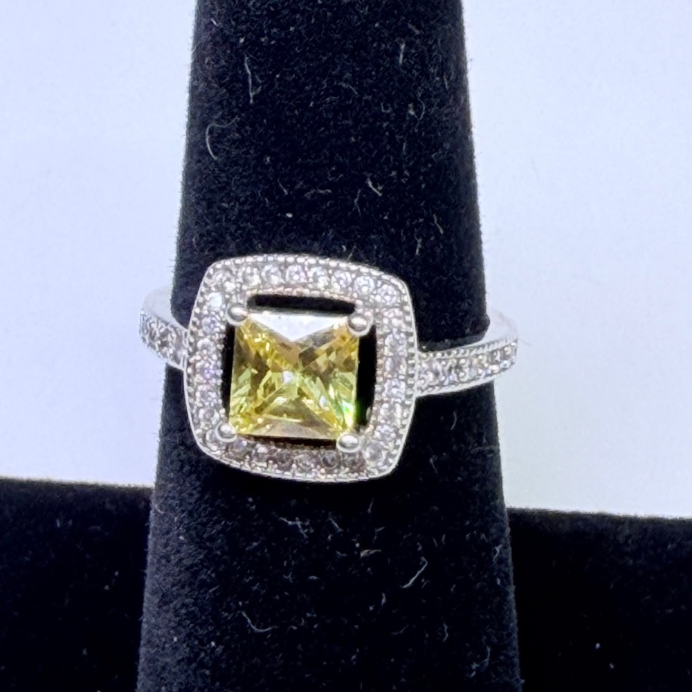 Yellow Princess Cut Halo Statement Ring Silver Tone Pave Band Size 6.25